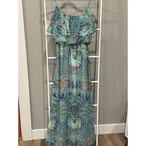 Double U Bohemian Style Maxi‎ Dress Made In USA L Spaghetti Strap Ruffle Flounce